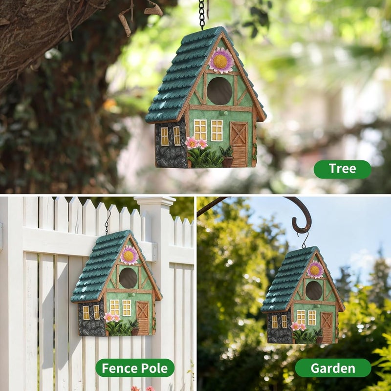MINWOLF Bird Houses for Outside Cottage-Style Hanging Birdhouse with Flower Accents – Hand-Painted Resin Decorative Birdhouses for Outdoors for Bluebird Finches Cardinals Bird Nesting Garden, Patio, Yard - Image 4